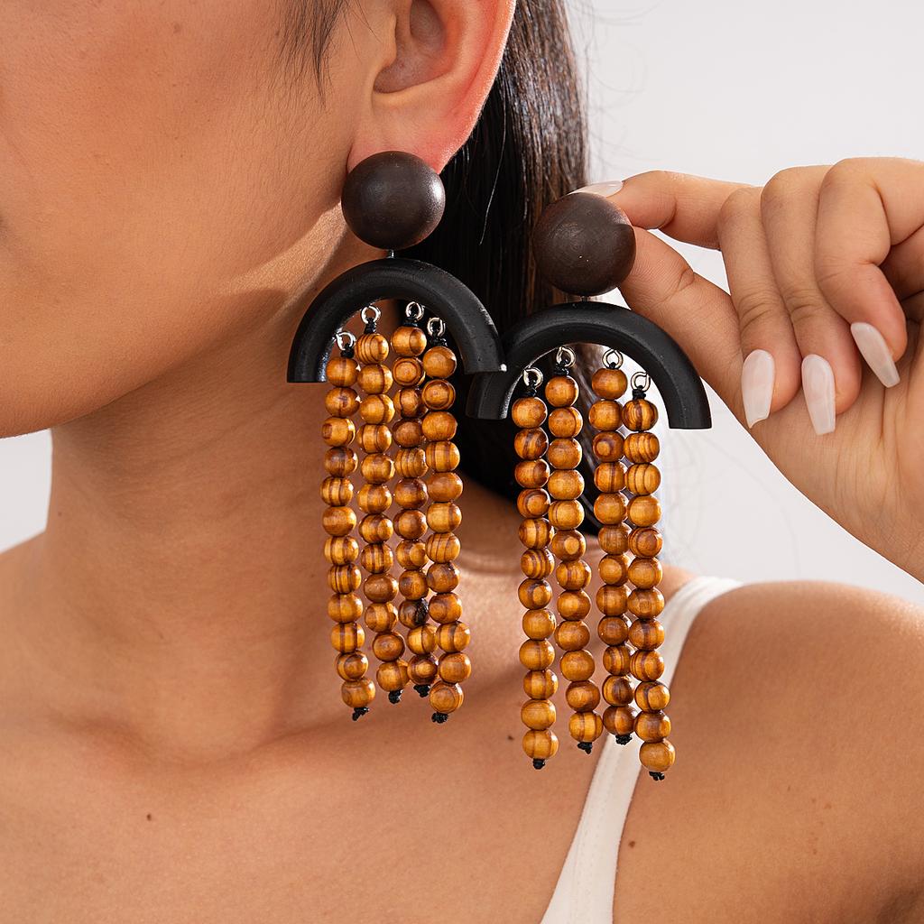 Exaggerated wood beads beaded fringed silver needle earrings bohemian retro ethnic style niche earrings
