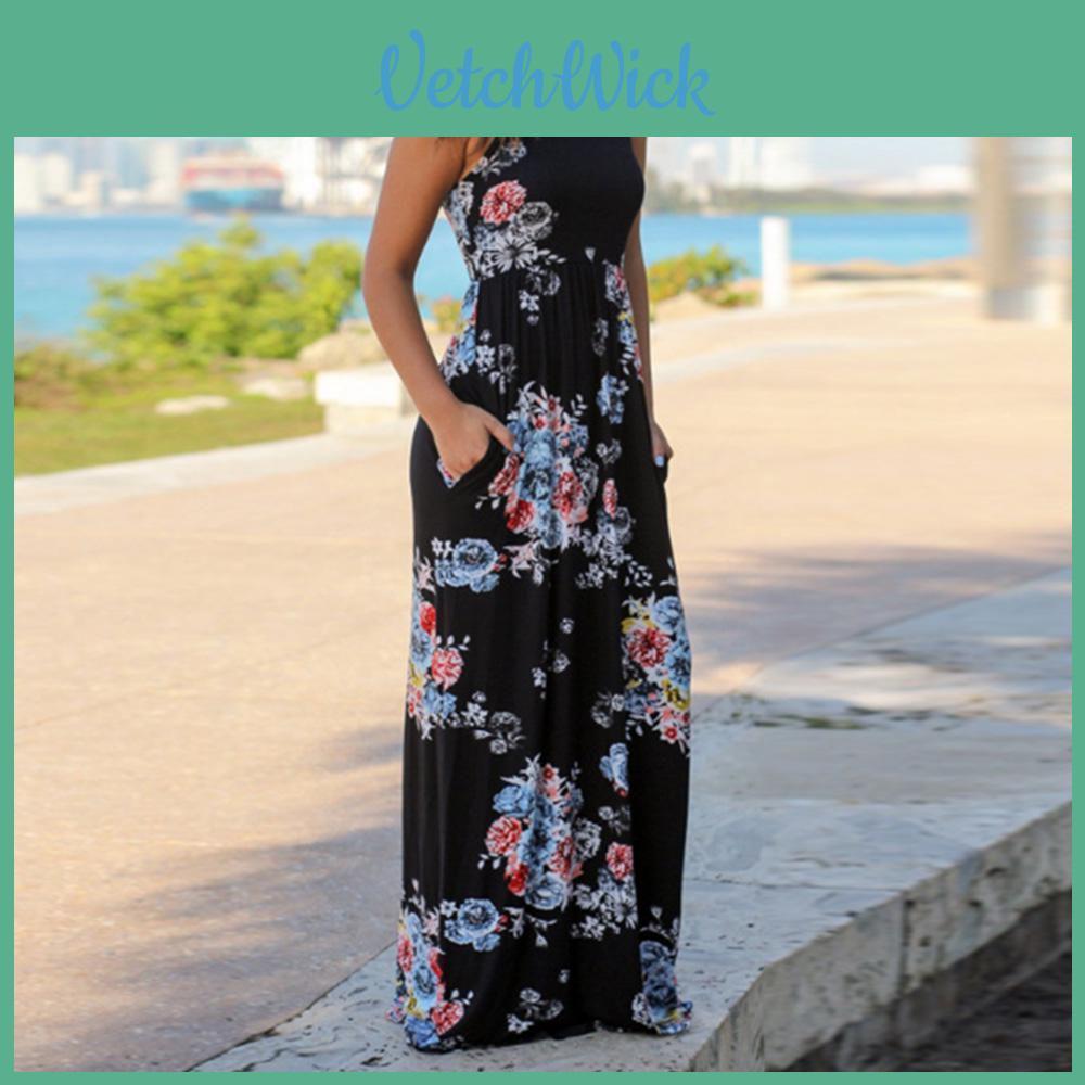 Summer Women's Elegant Casual Sleeveless Floral Printed Beach Dress Long Sundress
