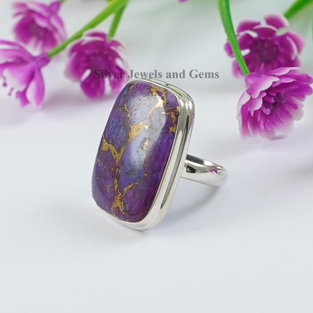 925 Sterling Silver Purple Turquoise Ring, Rectangle Copper Turquoise Gemstone