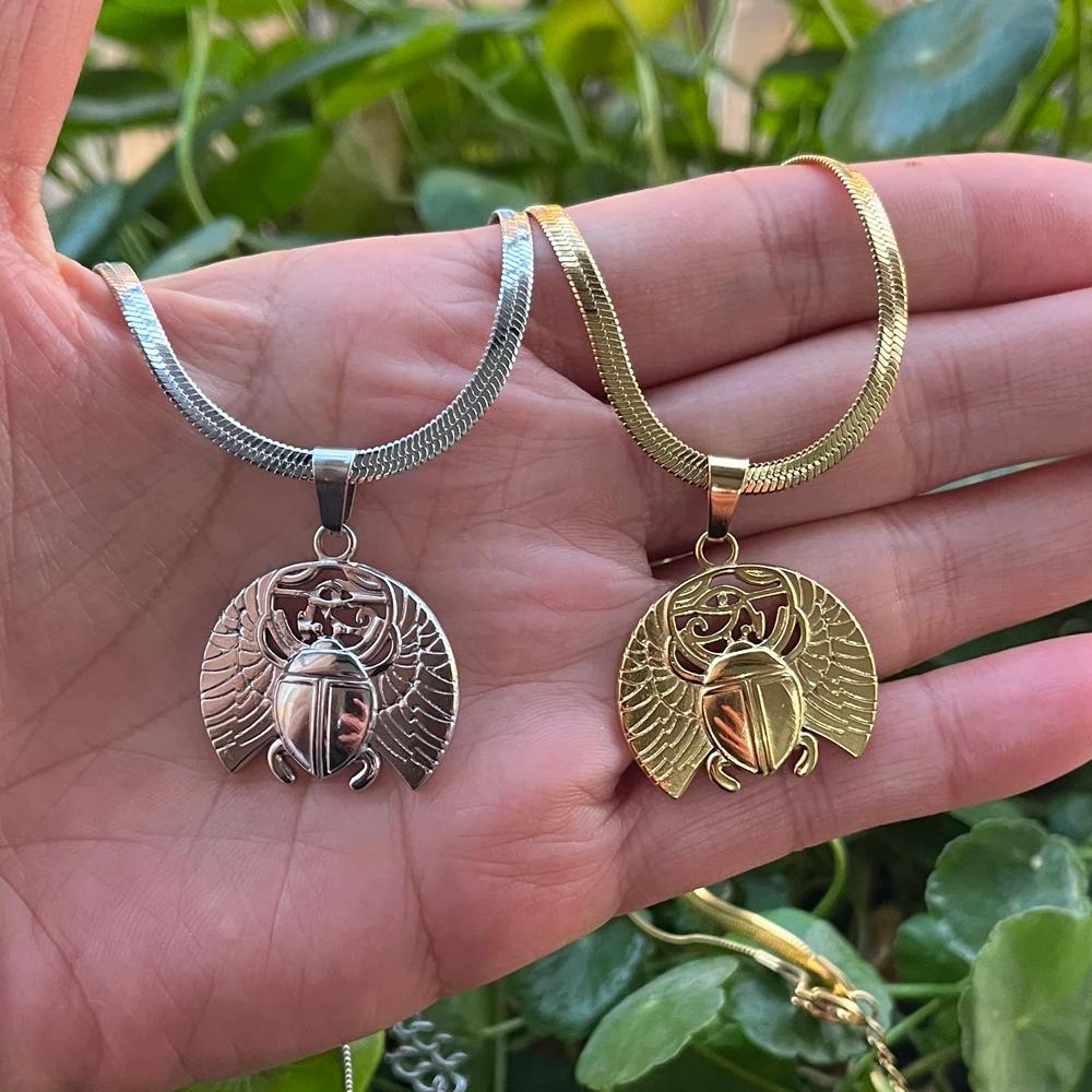 Ancient Egyptian Symbol Scarab Beetle Insect Pharaoh Protection Rebirth Amulet Pendant Necklace Women Stainless Steel Chains Jewelry Gifts