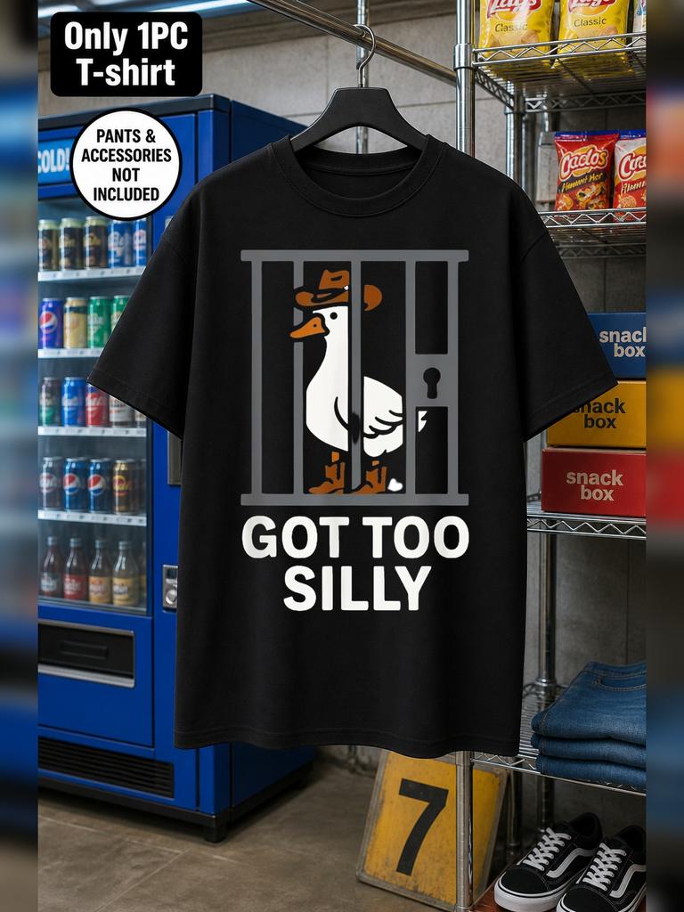 1pc Mens Graphic T Shirt Got Too Silly Funny Duck In Jail Print Short Sleeve Crew Neck[solely 1pc T-