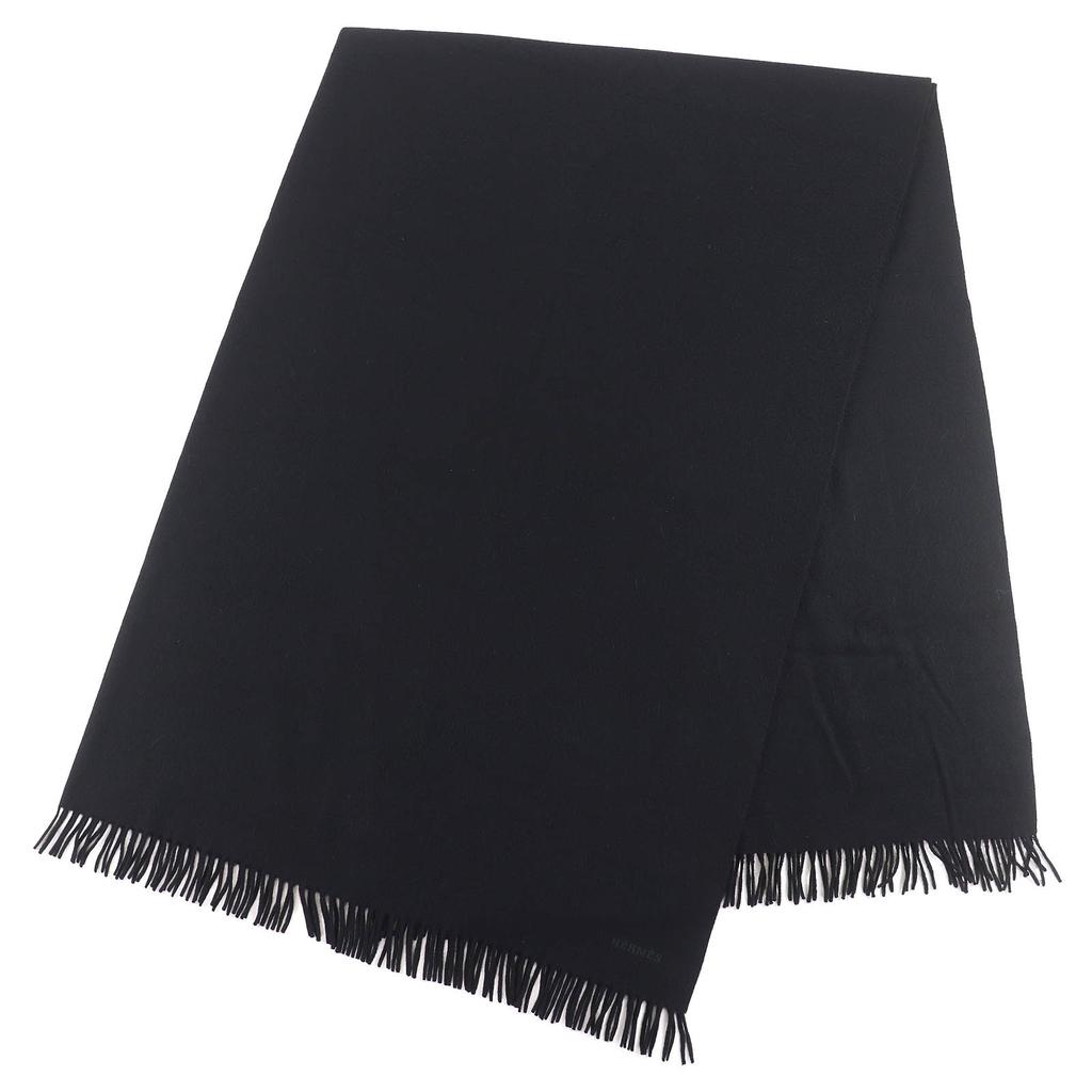 Great HERMES Logo embroidered fringe extra large shawl stole black cashmere Used