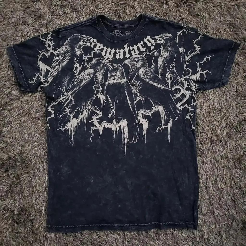 2000s affliction Retro T-shirts Men Grunge Cyber Goth Emo Skull Tees E-girl Graphic Print Short Sleeve Tops Vintage Streetwear
