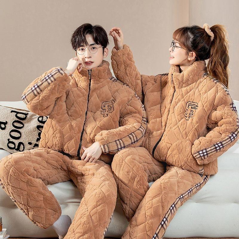 Winter Thick Fleece Couple Pajamas Set Warm Coral Loungewear Sleepwear