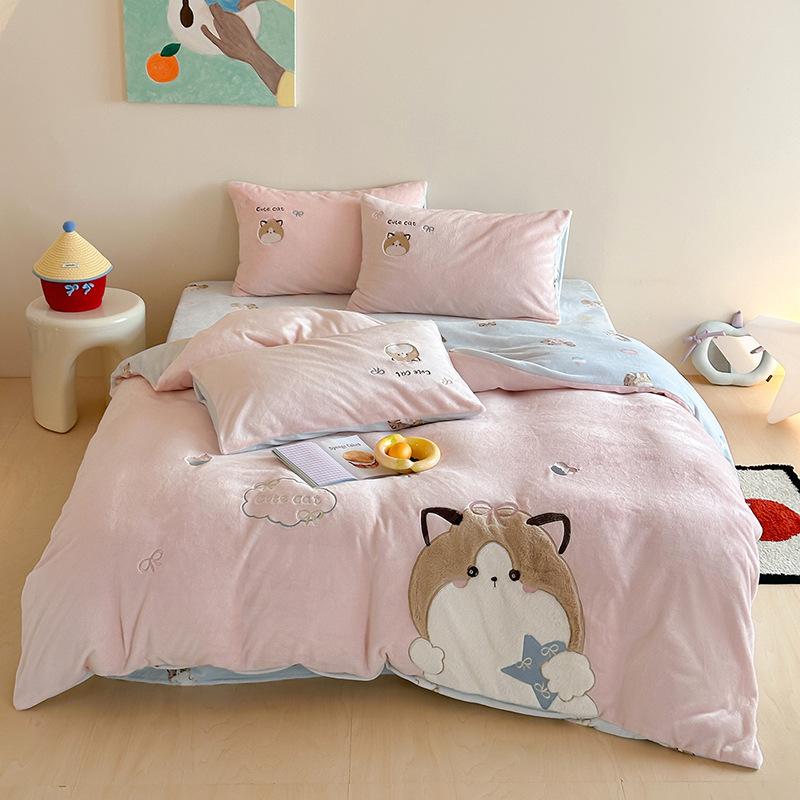 Cartoon Sticker Embroidered Thickened Milk Fleece Four-Piece Set Coral Fleece Thermal Bed Sheet Quilt Cover Student Bedding