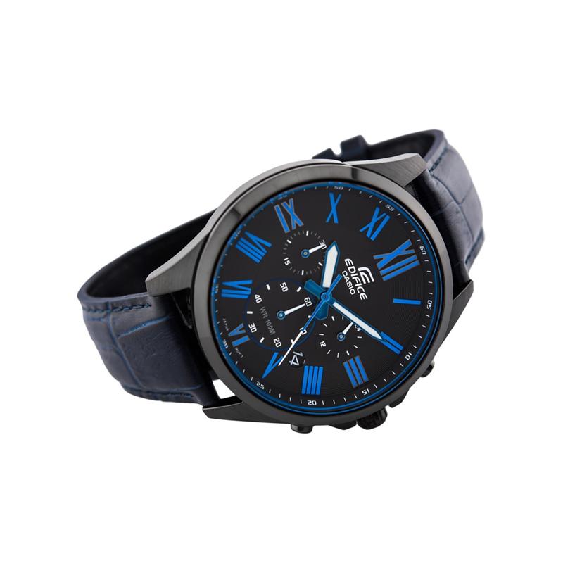 Casio EDIFICE Series, Classic Three-hand Three-eye Design, Roman Numerals Embellishment, Quartz Movement, Leather Strap, Japanese and EFV-500BL-1B