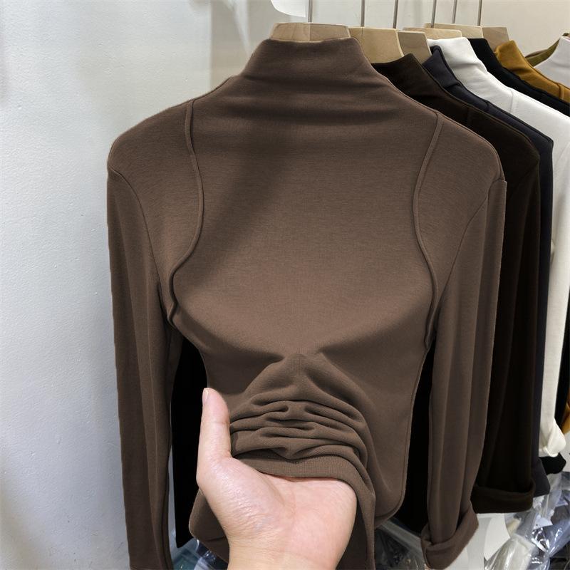 Half Turtleneck Bottoming Shirt for Women Autumn and Winter New Style Plus Velvet Long-sleeved T-shirt Slim Fit Top