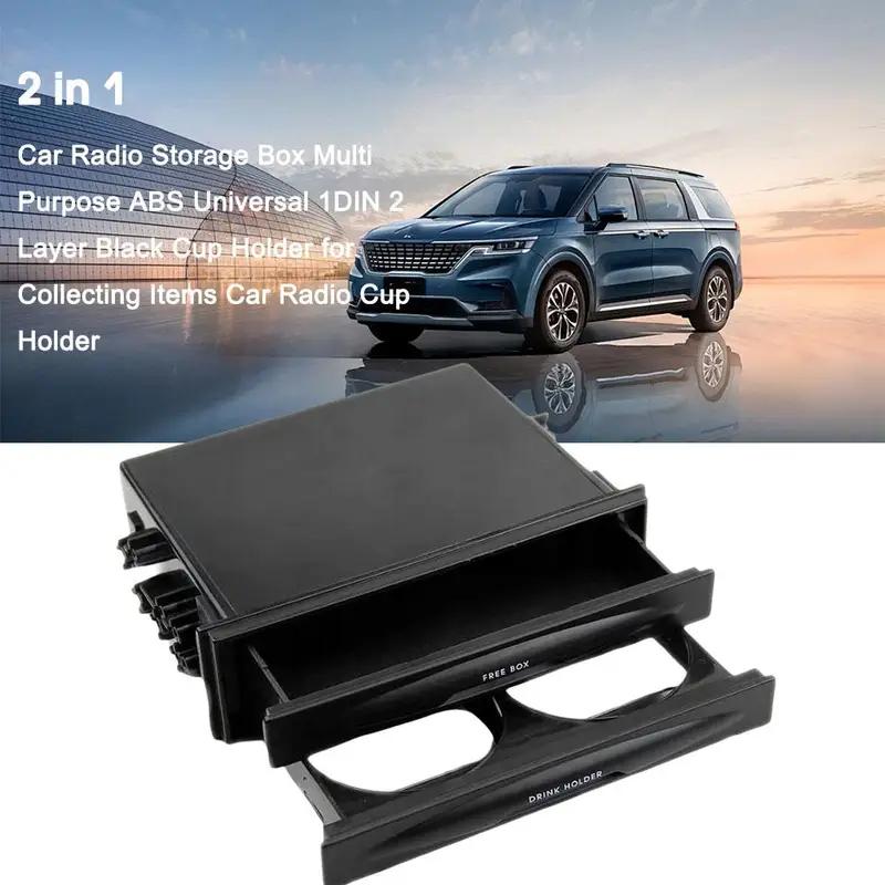 2 In 1 Car Radio Storage Box Multi Purpose ABS Universal 1DIN 2 Layer Cup Holder For Collecting Items Car Radio Black Cup Holder