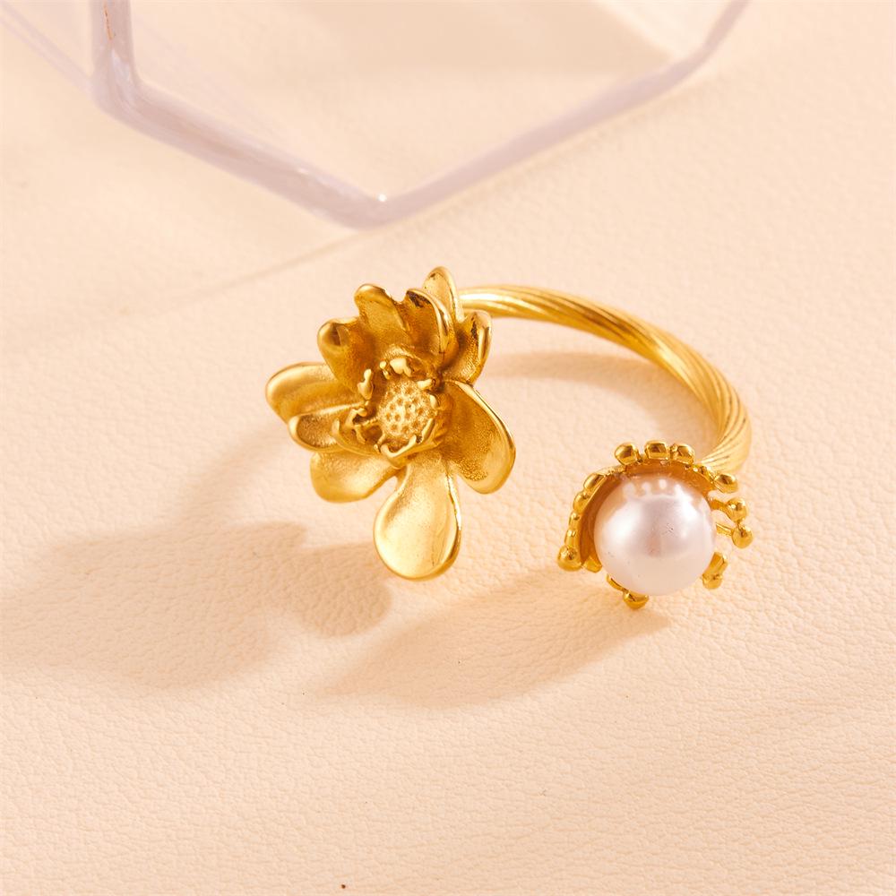 European-American Fashion Pearl Rose Open Ring - Simple Titanium Steel, Colorfast Design