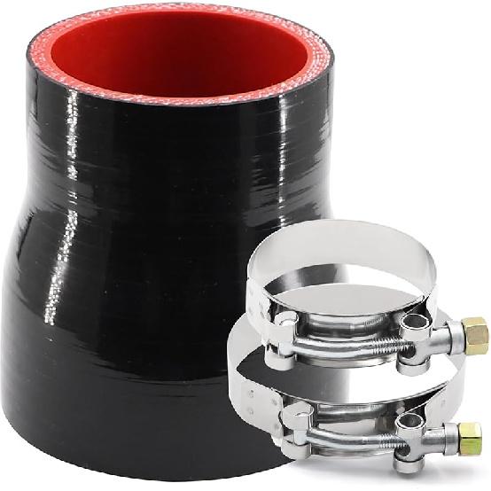 3 To 4 Inches Straight Black Silicone Reducer Coupler With 2 T-Bolt Clamps 4 Layers Of Polyester Reinforcement Suitable High Level Turbo Pipe