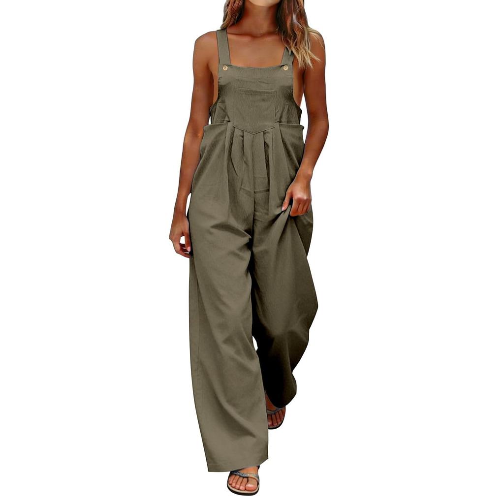 Women's Fashionable Color Sleeveless Casual Wide Leg Loose Jumpsuit With Pocket