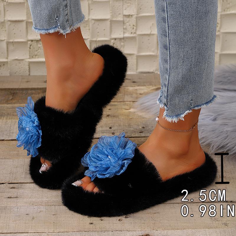 

Зимние домашние тапочки с открытым носком, модные плюшевые тапочки с цветком, мягкие тапочки на толстой подошве, тапочки-шлепанцы 35