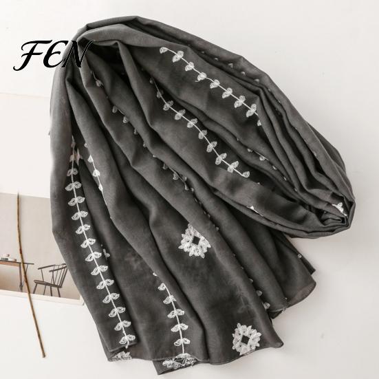 Bohemian Travel Accessory Solid Color Embroidered Shawl for Women, Lightweight Soft Gauze Scarf with Floral Vine Texture, 180x90cm Breathable