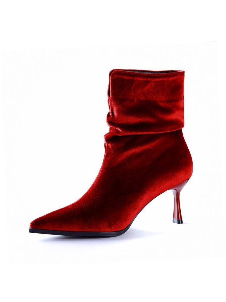 Elegant Pleated Pointed High-heeled Boots 2025 Autumn and Winter New Banquet Red Suede Wedding Shoes Temperament Stiletto Short Boots Women