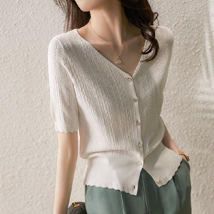 Summer new ice silk knitted cardigan women's Korean version solid color slim-fitting V-neck hollow short-sleeved sunscreen women's summer