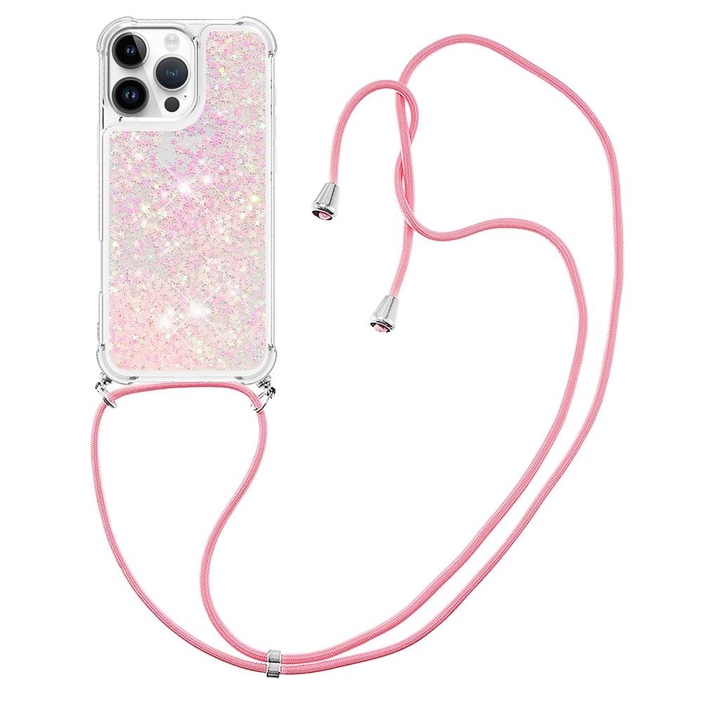 

For iPhone 16 Pro Max TPU Case Quicksand Design Phone Cover with Lanyard Pink/Pentagram
