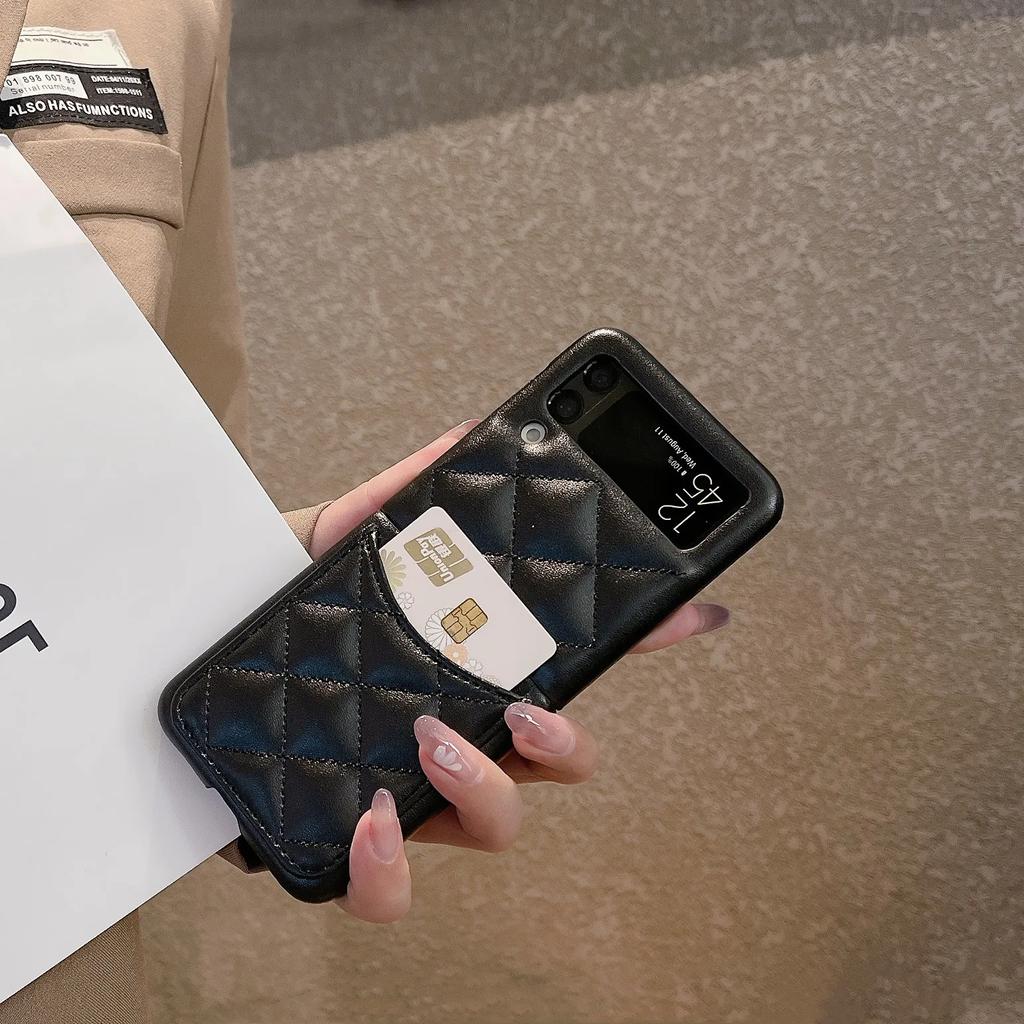 Luxury Leather Cover For Samsung Galaxy Z Flip 3 4 5 Flip5 Flip4 Flip3 5G Rhombus Lattice Card Slot Holder Bag Wallet Phone Case