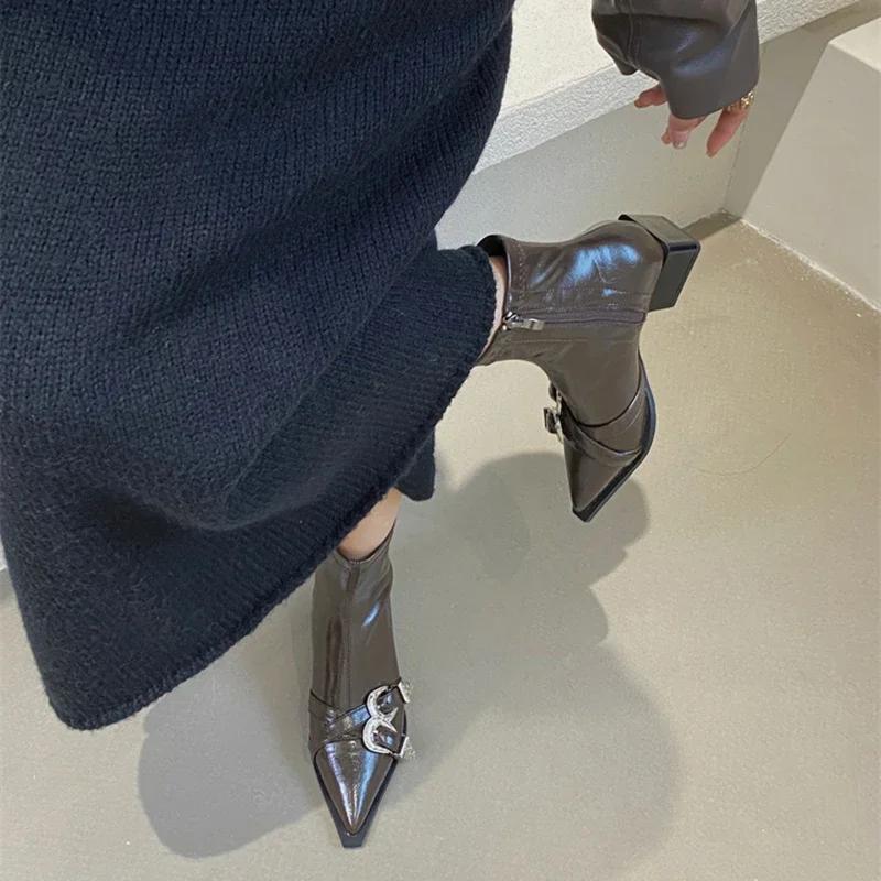 Fashion Designer Pointed Toe Women Ankle Boots Fashion Thick Heel Slimming Short Booties Autumn Winter Female Shoes