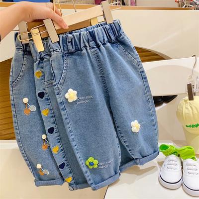 Mavi Moda Nakışlı Çiçek Kız Kot Pantolonu Bebek Erkek Çocuk Kot Pantolonu Kız Pantolonu Daduhey Geniş Paça Pantolon Harem Pantolon Giysi Altları