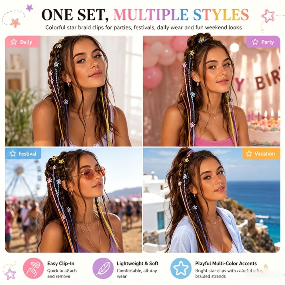 5pcs Cute Y2K Star Hair Clip Sweet Braided Hair Pieces Mini Hair Clip Decorations Music Festival
