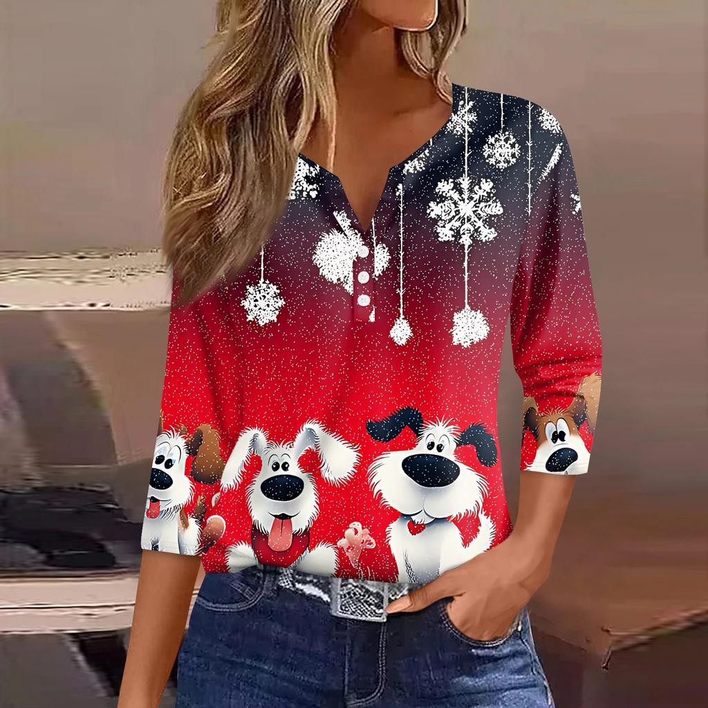 Women's T Shirt Tee Christmas Printed Button 3/4 Sleeve Tunic Daily Weekend Fashion Basic V- Neck Regular Top