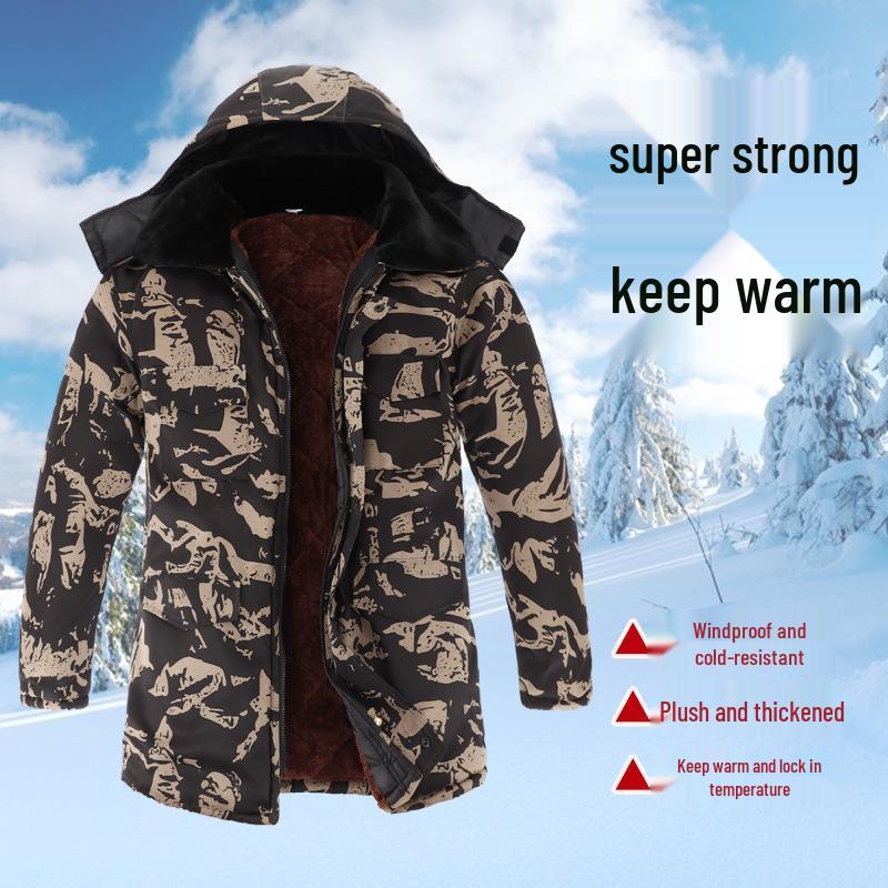Camouflage Velvet-Padded Winter Work Jacket: Warm, Thick, Mid-Length, Cold-Resistant