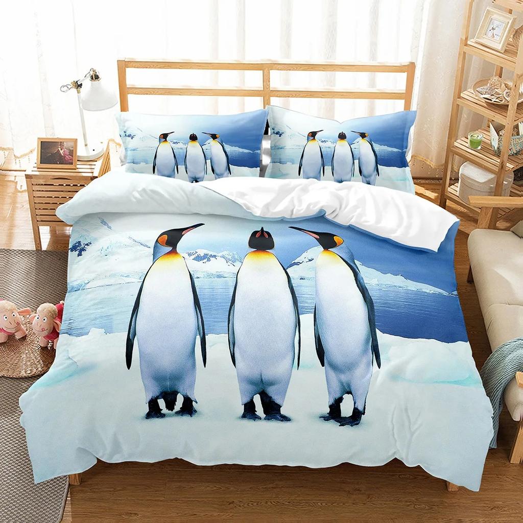 Cute Penguin Pattern Duvet Cover Set Cute Kawaii Animals For Boys Girls Bedroom Decor Polyester Comforter Cover King Queen Size