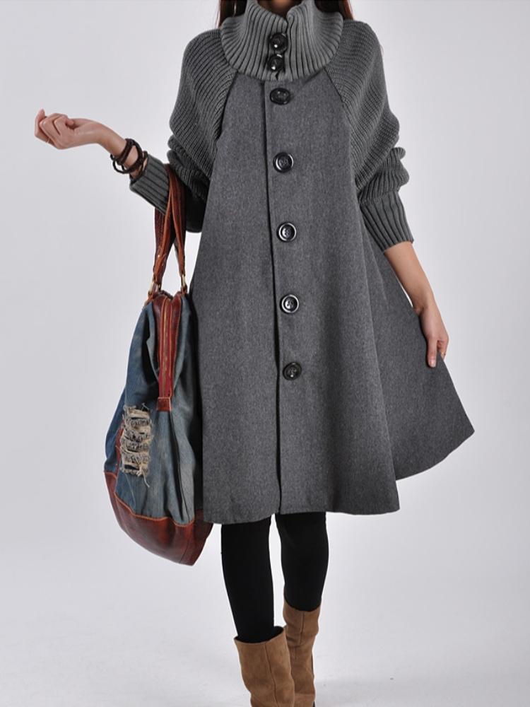 Autumn and Winter New Solid Color Plus Size Women's Button Up Version, Medium To Long Loose Coat, Cloak, Windbreaker