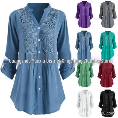 2024 Trendige einfarbige Rayon-Bluse mit Spitzendetail für Damen mit langen Ärmeln