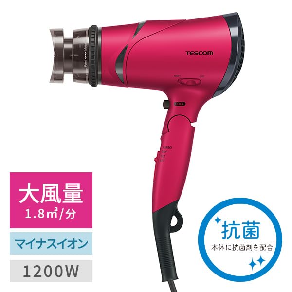 Tescom Hair Dryer, Negative Ion, Foldable, High Airflow, Easy-to-Open Plug, Pink, TD430B-P