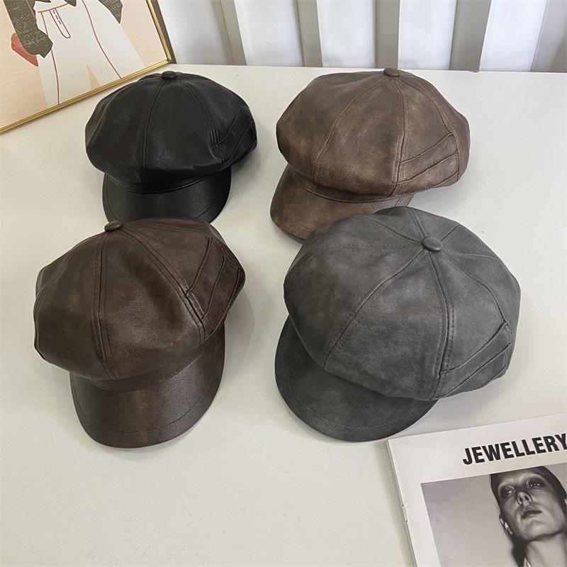 

Autumn and winter new PU leather wipe skin old octagonal cap women s compound casual personality painter hat M（56-58cm） темно-коричневого кольору