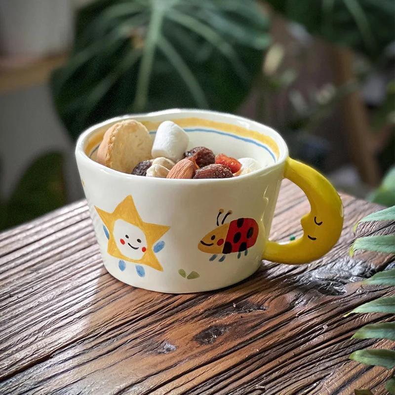 300ML Cute Coffee Cups Ceramic Cartoon Hand Painted Handle Breakfast Milk Beverage Water Cup Couple Mug Gift Home Office Drinks