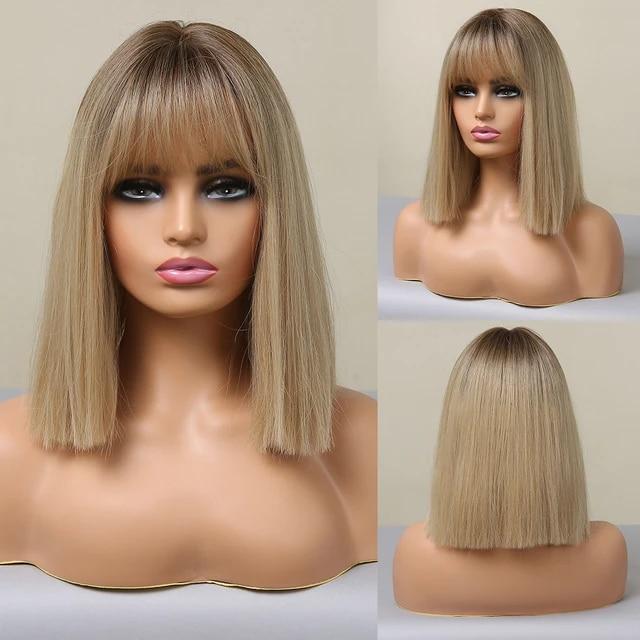 Blonde Silky Straight Synthetic Wigs with Bangs Medium Long Natural Platinum Wig for Women Cosplay Heat Resistant