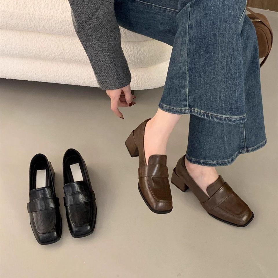New Loafers Square Head Lazy One Pedal Thick High Heel Small Leather Shoes Versatile French Mary Jane Single Shoes Women's Middle Heel