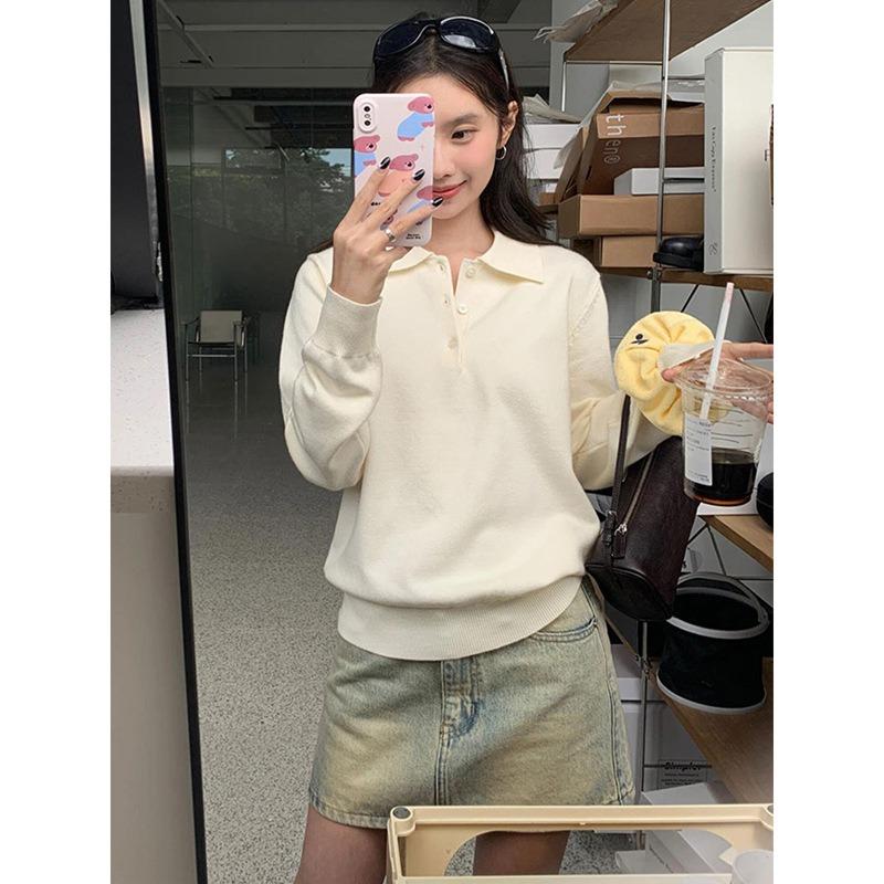 College style gray Plo neck sweater women's season new design sense loose wear knitted sweater top