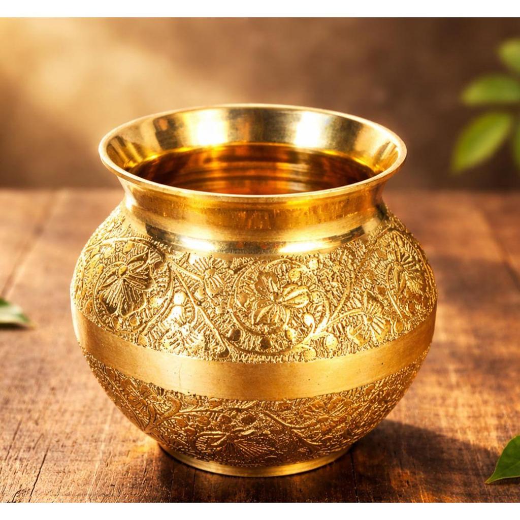 Rise Pure Brass Lota for Puja, Kalash for Pooja (400 ml, 1 Piece) Handcrafted Floral Design Brass Vessel