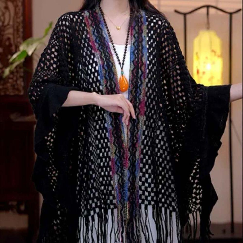 

Богемна в язана шаль Етнічний стиль Пальто Шарф Модний плащ Шарфи чорний