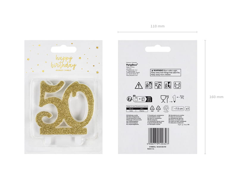 Partydeco Świeczka Urodzinowa Liczba 50 Złota 7,5Cm