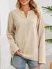 Women's Textured Split V-Neck Blouse with Roll-Up Long Sleeves and Curved Hem - Casual Loose Fit Tunic Top for Summer and Daily Wear.