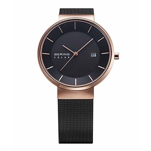 BERING Solar Watch for Men and Women (Unisex) Black and Rose Gold Stainless Steel with Mesh Strap and Sapphire Crystal (Product Number: 14639-166) Off
