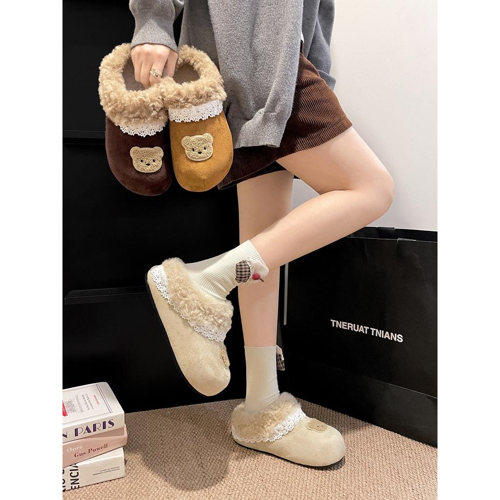 Cute plush warm fluffy slippers winter wear inner height increase non-slip retro Birkencotton slippers