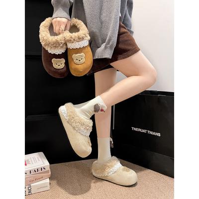 Cute Plush Warm Fluffy Slippers Winter Wear Inner Height Increase Non-slip Retro Birkencotton Slippers