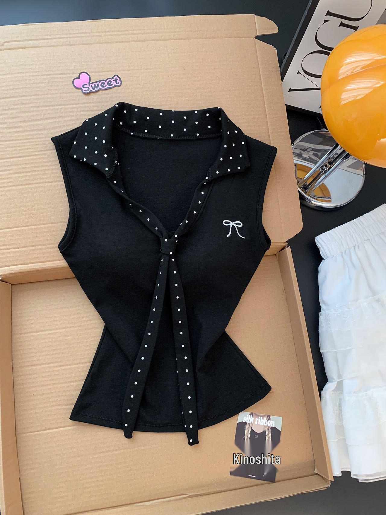 

Women s Spring Polka Dot V-Neck Tie Strap Camisole with Embroidered Bow and Chest Pads One Size