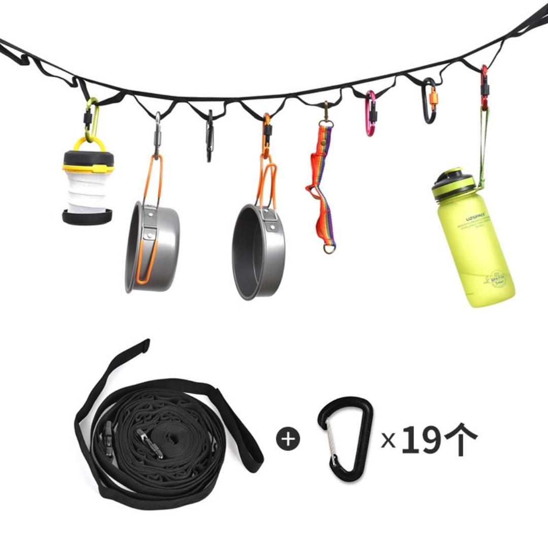 6.9 - Meter Camping Hanging Rope with 19 Keychain Carabiners: Portable Camping Hanging Rope with Hooks, Ideal for Camping, Hikin чёрный