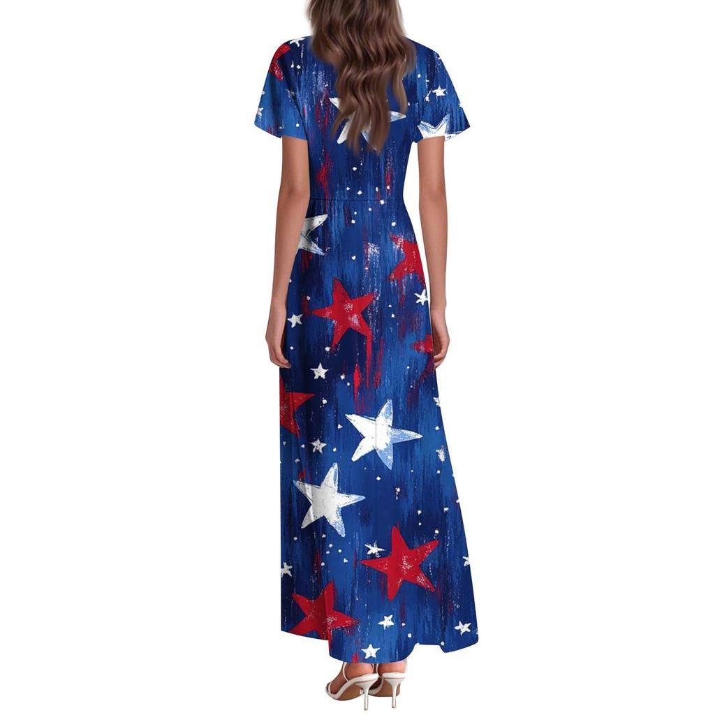 Women's Summer Casual Fashion Print Color Dresses V-Neck Short Sleeve Dresses