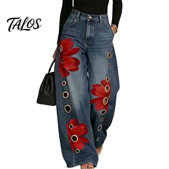 Women Wide Leg Pants High Waisted Jeans, Vintage Floral Print Faux Denim Casual with Pockets Trousers, Loose Fit & Metal Eyelets Street Style Clothing