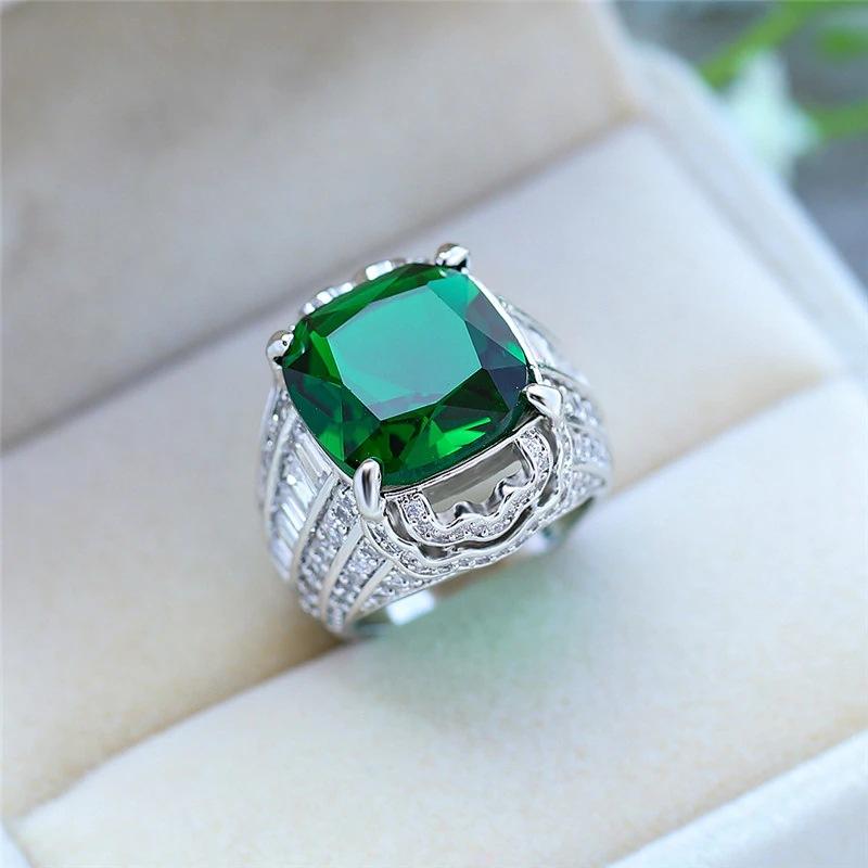 Luxury Men Women Big Green Stone Ring Crystal Silver Color Large Wedding Rings Cute Promise Solitaire Zircon Engagement Ring