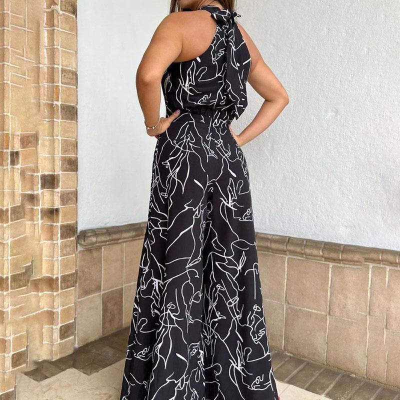 Women's Sleeveless Crew Neck Slimming Print Jumpsuit with Lace-up