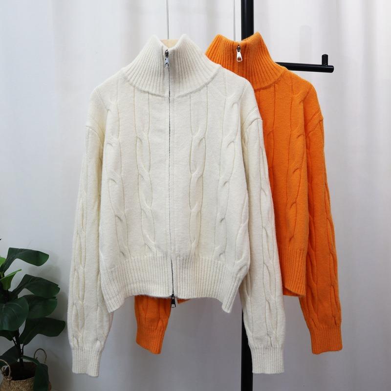 Thickened double zipper twist knitted cardigan autumn and winter new design soft waxy gentle wind sweater jacket women