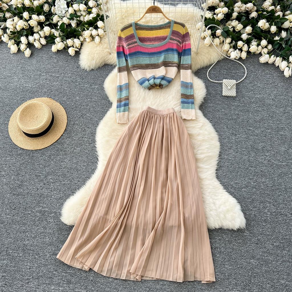 Spring Autumn Women Vintage Rainbow Striped Knitted Sweater Pullover Tops and Long Midi Pleated Skirt Two Piece Set